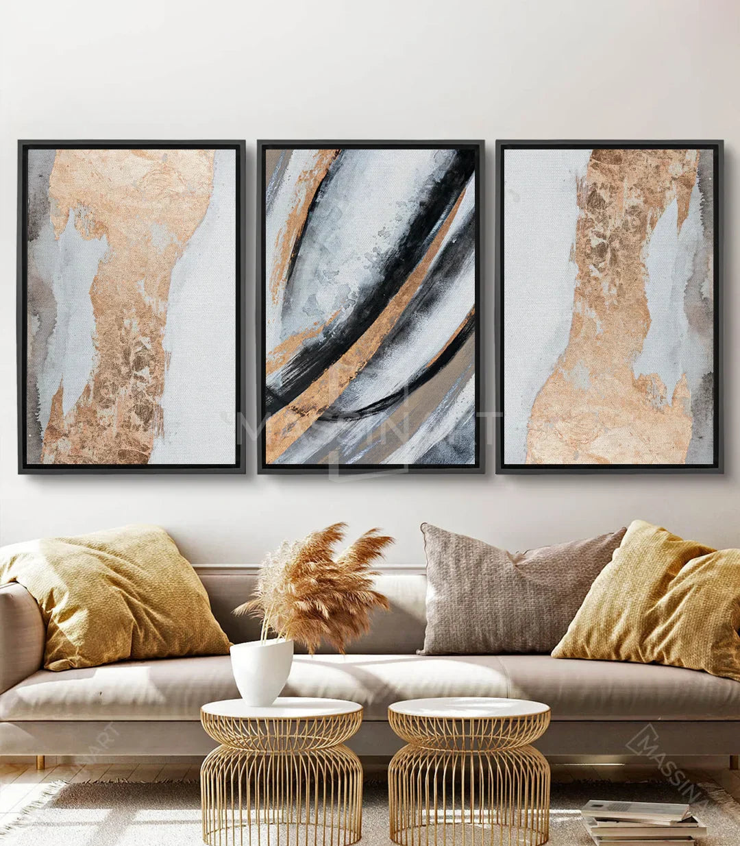 Cuadro Aurous tríptico abstracto panel izquierdo dorado y gris Massinart