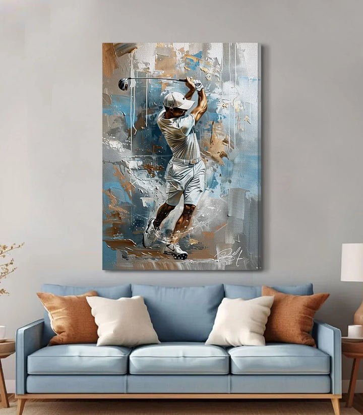 Cuadro The Perfect Hit en pared de salón — tonos azul y beige Massinart