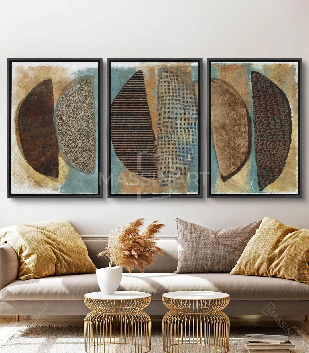 Cuadro Boho abstracto tríptico — formas geométricas en marrón y turquesa, Massinart