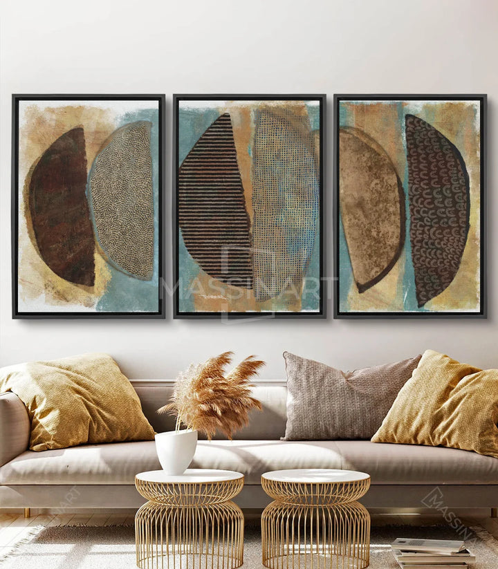 Cuadro Boho abstracto tríptico — formas geométricas en marrón y turquesa, Massinart