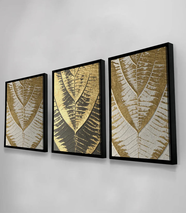 Cuadro Golden Leaves tríptico — decoración mural naturaleza minimalista en interior contemporáneo Massinart