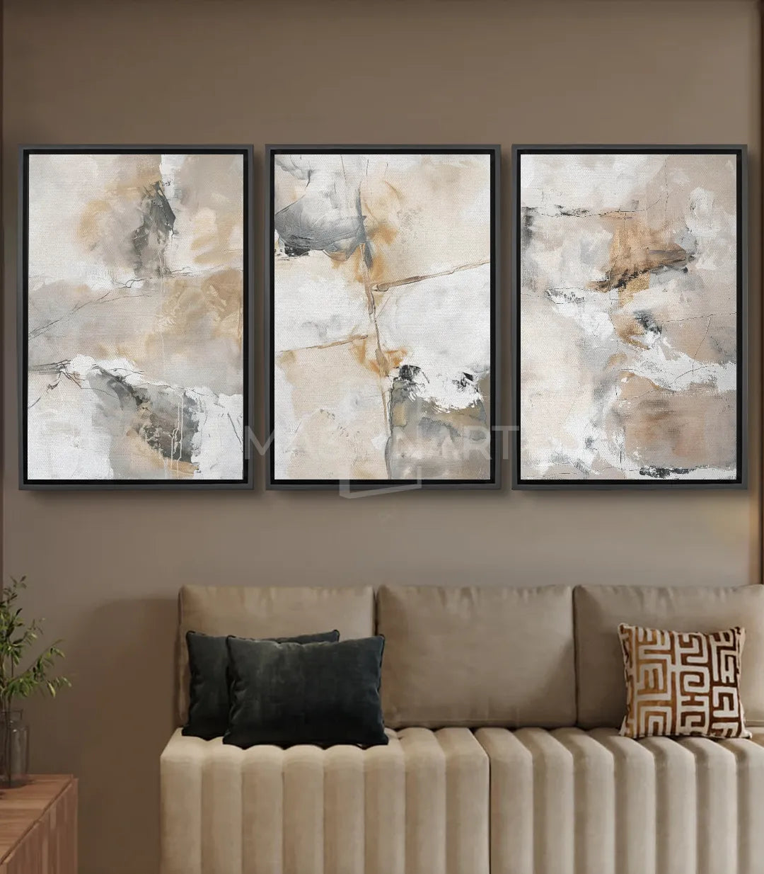 Cuadro abstracto minimalista Massinart — panel izquierdo en tonos beige, gris y blanco