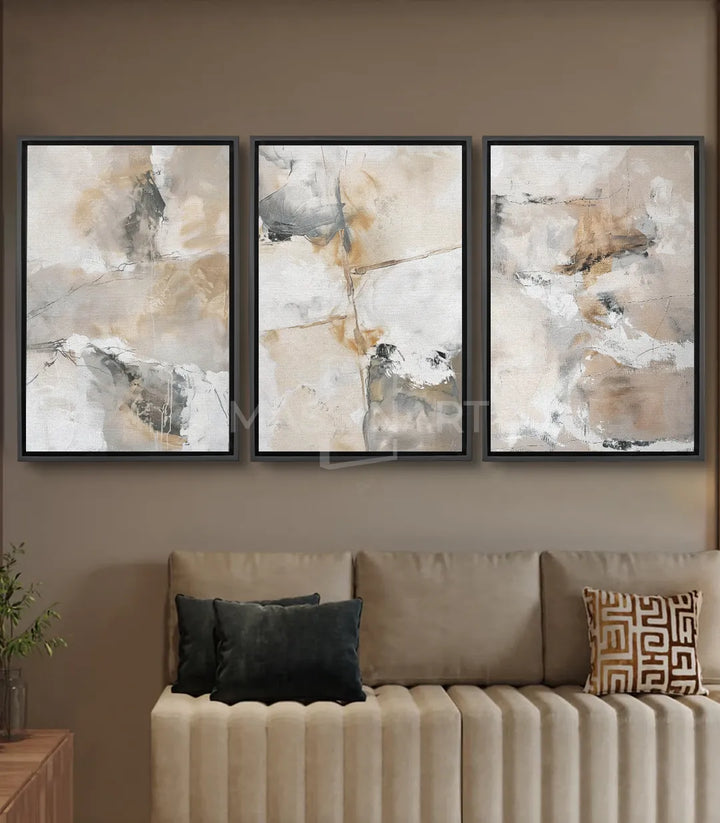 Cuadro abstracto minimalista Massinart — panel izquierdo en tonos beige, gris y blanco