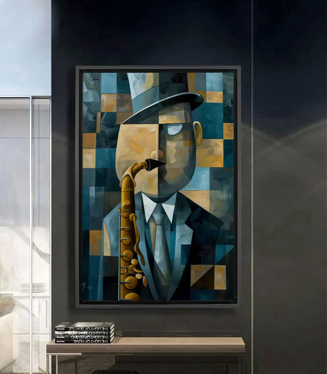 Cuadro Echoes of the Sax — retrato cubista músico saxofonista en azul y dorado, Massinart