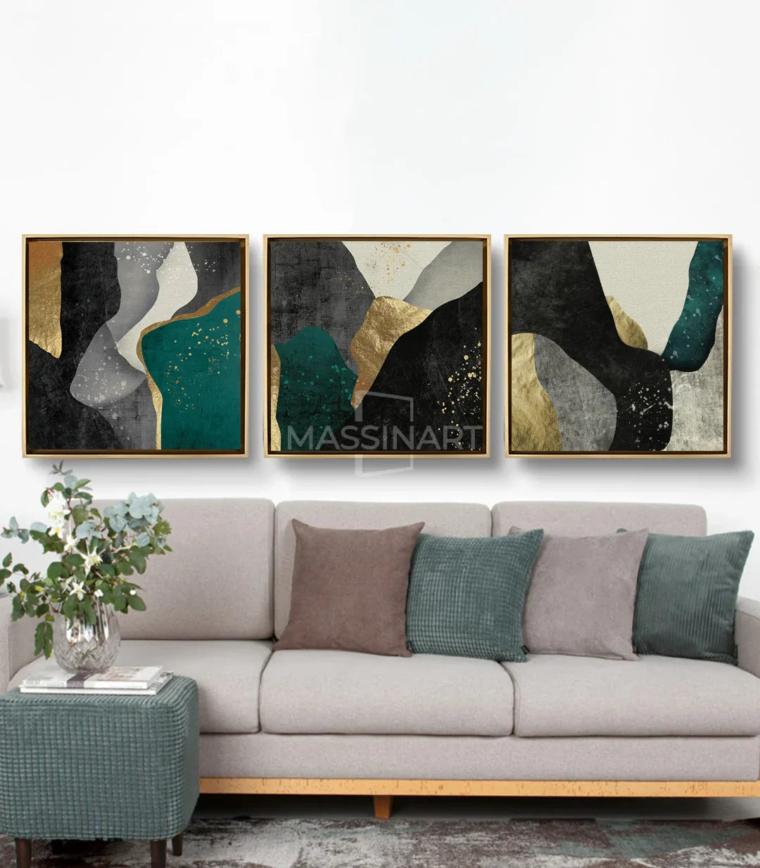 Cuadro abstracto contemporáneo panel central — composición equilibrada en negro, blanco, turquesa y dorado, Massinart