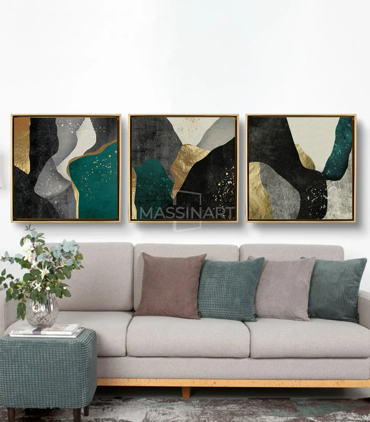 Cuadro abstracto contemporáneo panel central — composición equilibrada en negro, blanco, turquesa y dorado, Massinart