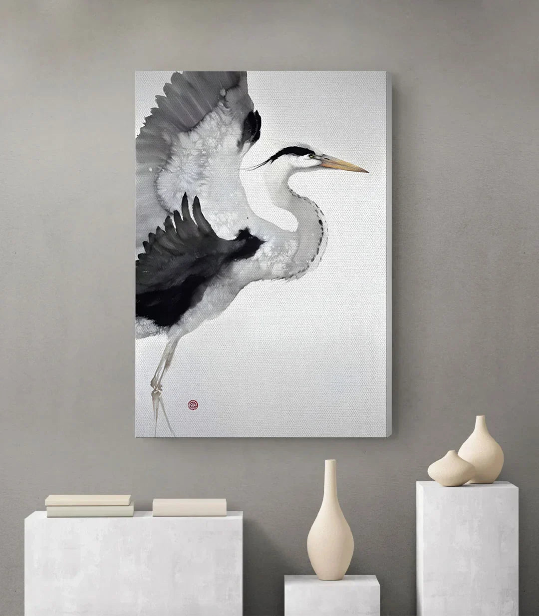Decoración de pasillo con cuadro de garza blanco y negro Massinart