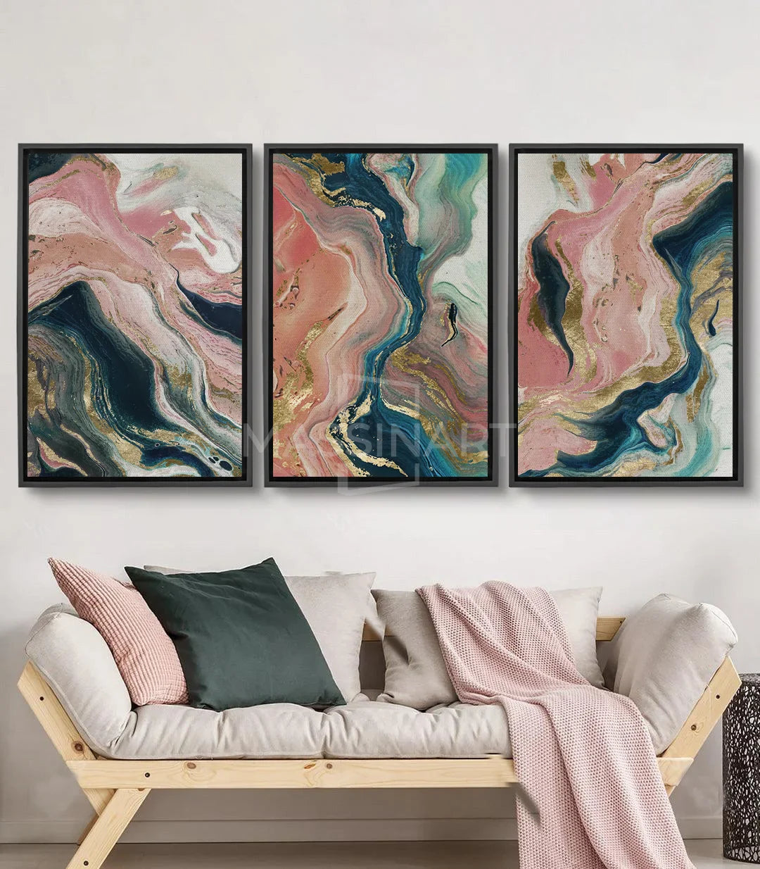 Cuadro Stream tríptico mármol fluido rosa azul dorado decoración pared Massinart