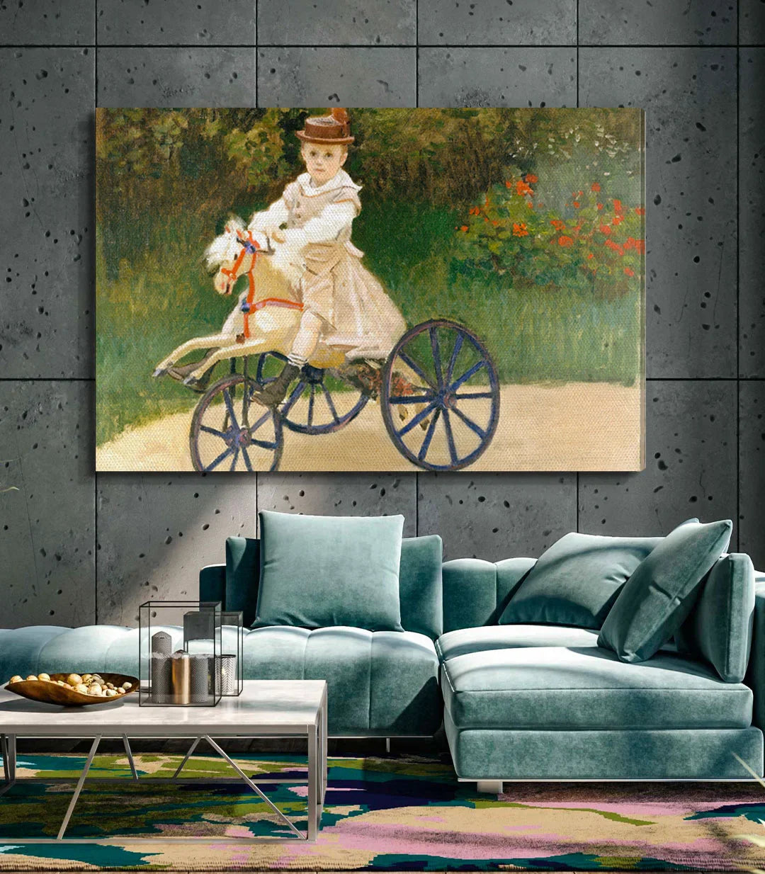 Cuadro Jean Monet triciclo como decoración mural en salón contemporáneo — Massinart