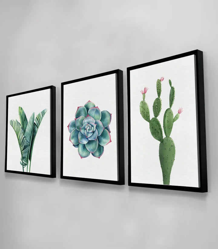 Cuadro tríptico Cactus en despacho — plantas botánicas arte mural Massinart