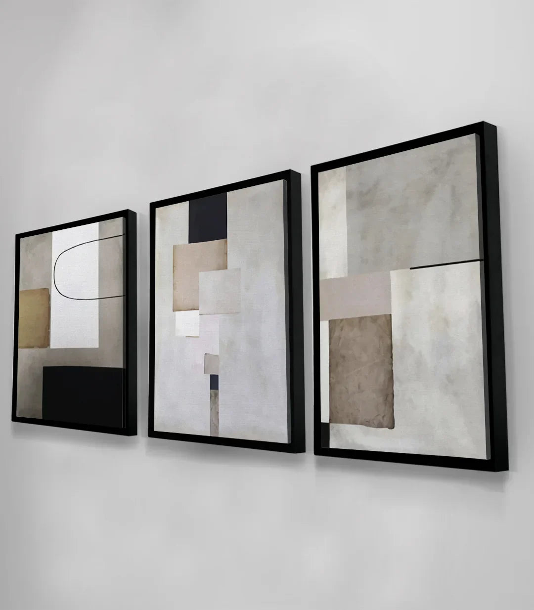 Cuadro Quietud tríptico abstracto blanco beige negro — detalle de formas geométricas | Massinart