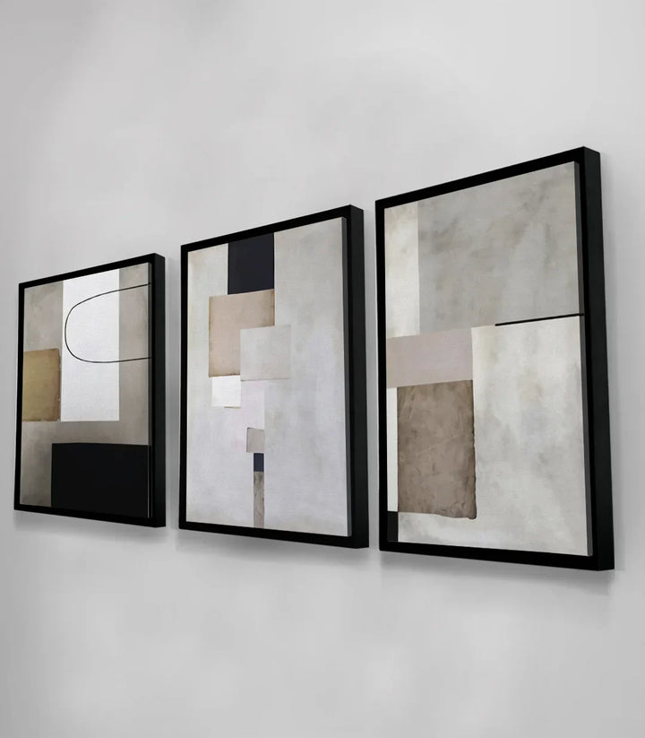 Cuadro Quietud tríptico abstracto blanco beige negro — detalle de formas geométricas | Massinart