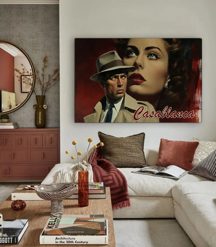 Decoración interior con cuadro Casablanca — lienzo cinematográfico en salón con mobiliario contemporáneo, Massinart