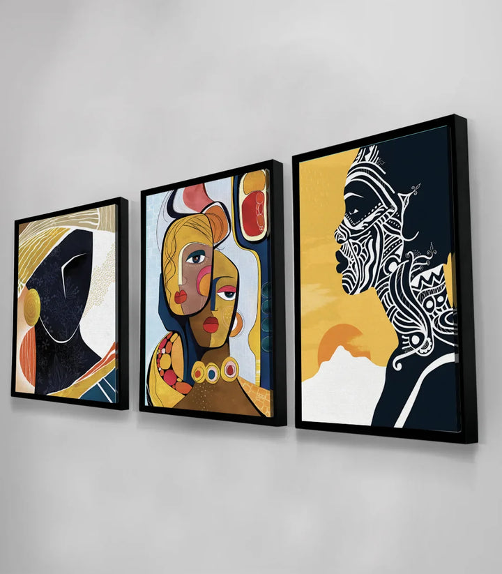Decoración interior contemporánea — tríptico de arte africano en salón minimalista Massinart