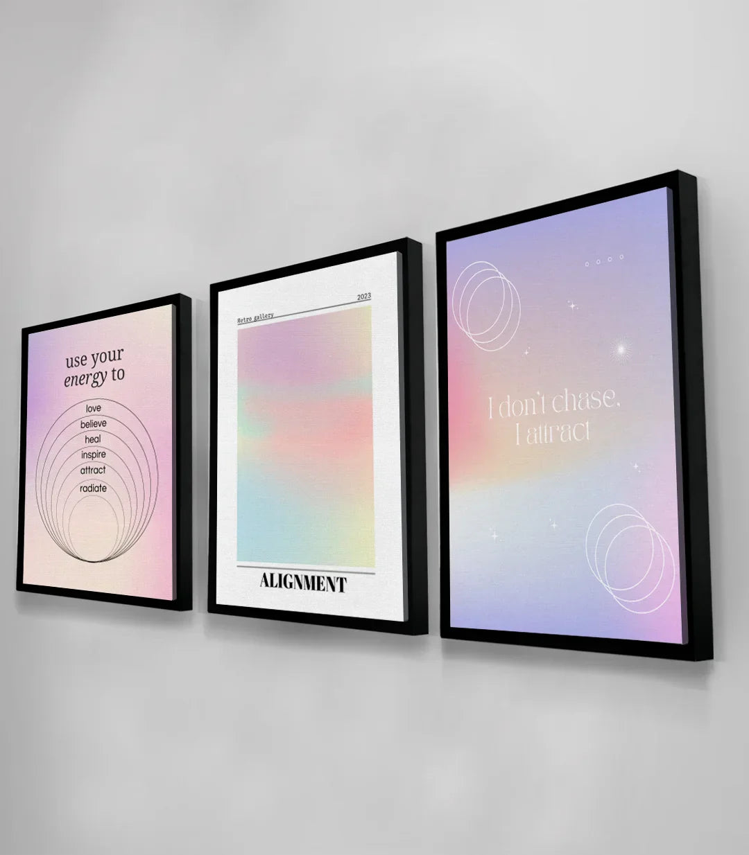 Detalle cuadro Attract — geometría sagrada con círculos en blanco, lienzo canvas premium Massinart