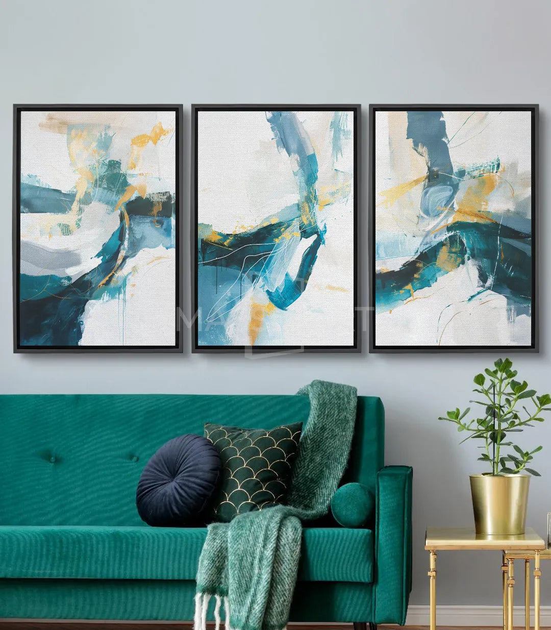 Cuadro River Flow panel izquierdo Massinart — abstracción azul y amarillo sobre fondo blanco roto