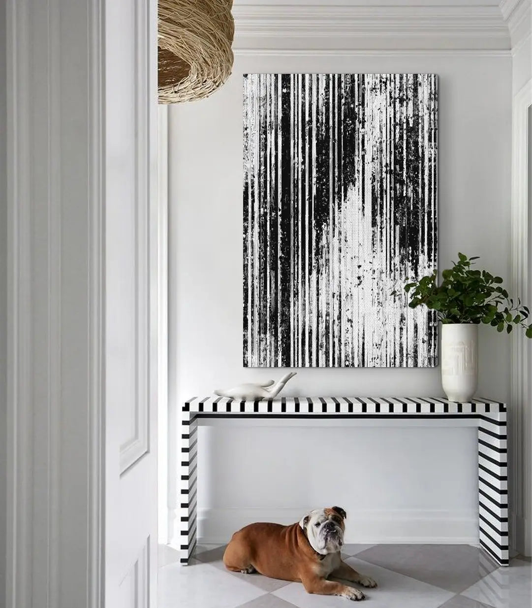 Cuadro Cascading en despacho contemporáneo, decoración mural negro y blanco, Massinart