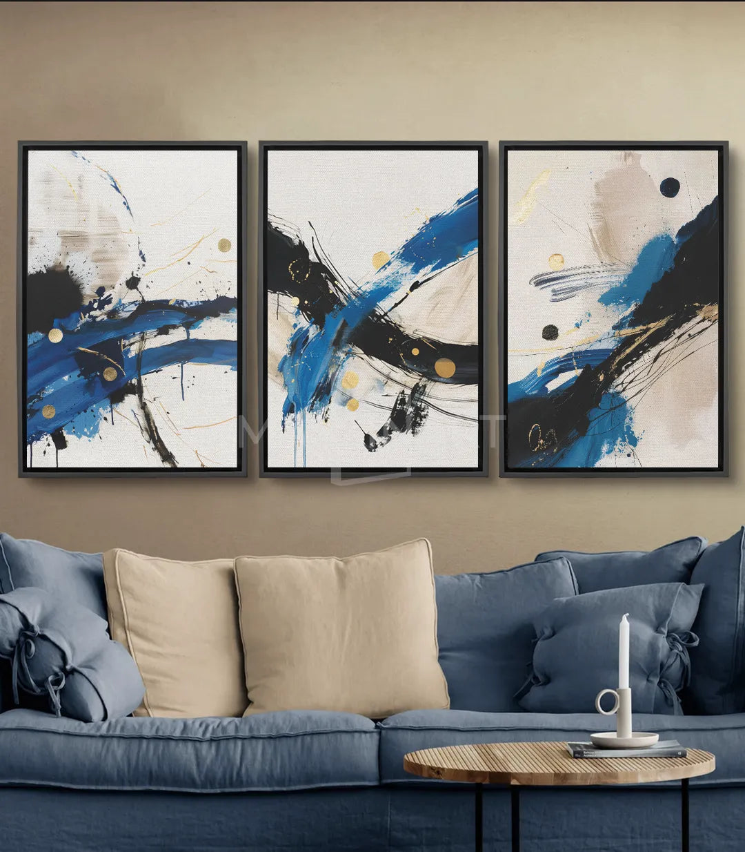 Cuadro Cascade abstracto expresionista azul negro dorado panel izquierdo Massinart