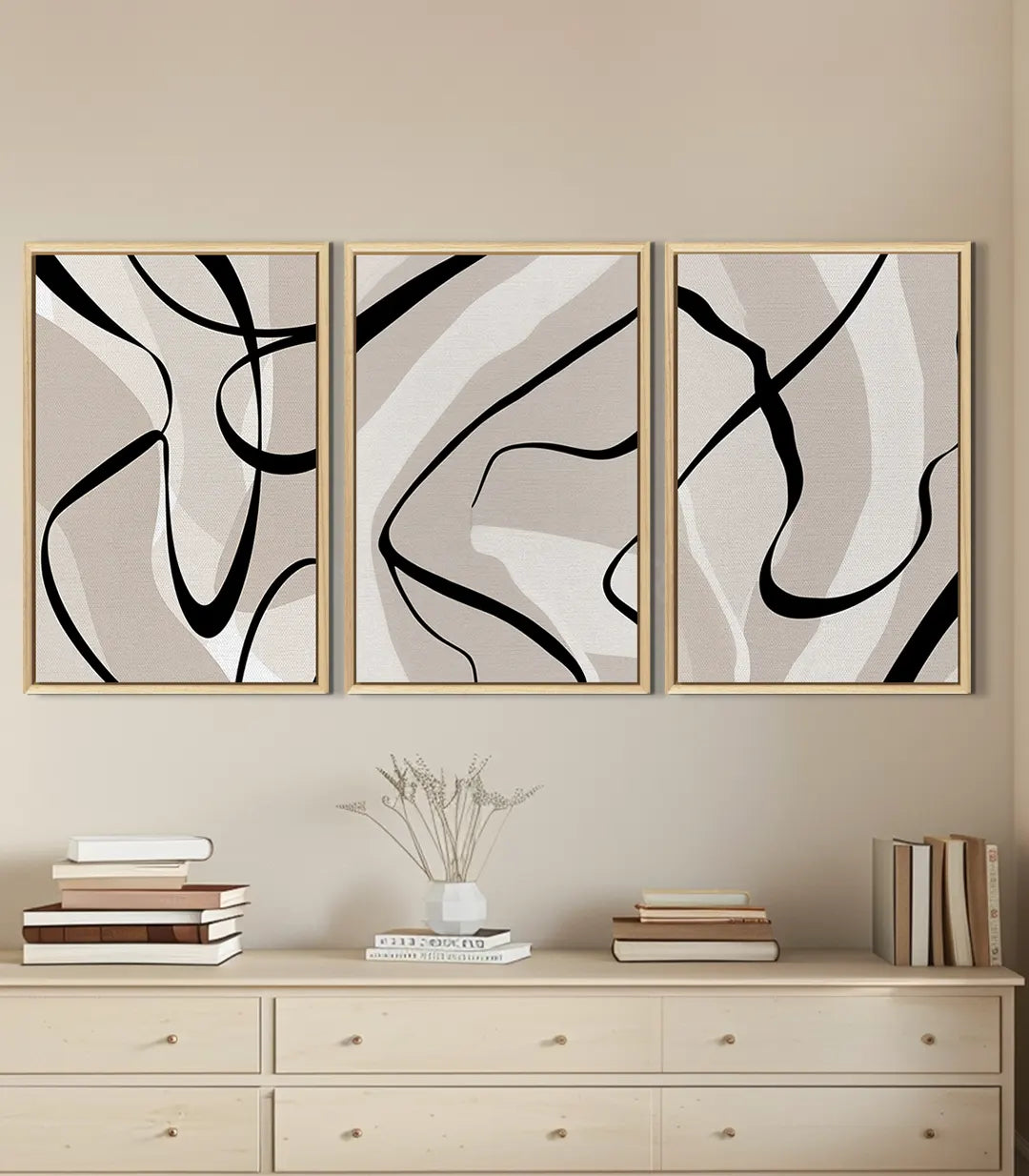 Tríptico Fluididad en decoración de salón contemporáneo, composición minimalista — Massinart