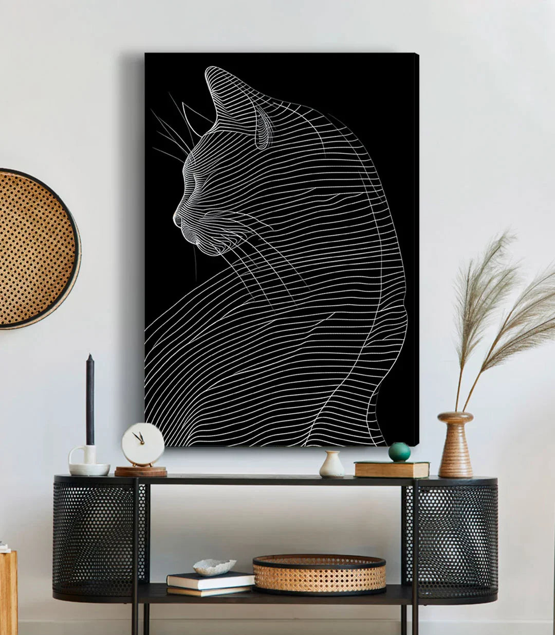 Detalle de las líneas minimalistas del cuadro Linear Cat — retrato felino geométrico