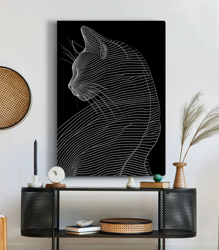 Detalle de las líneas minimalistas del cuadro Linear Cat — retrato felino geométrico