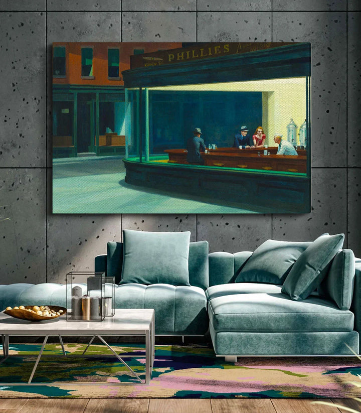 Cuadro Nighthawks sobre escritorio — escena urbana nocturna, decoración de estudio, Massinart
