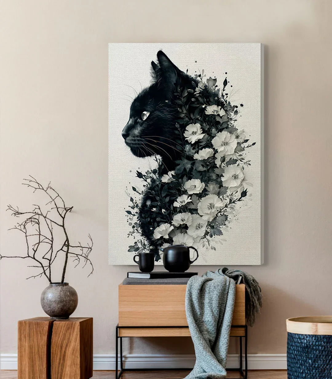 Cuadro Feline Blossom retrato felino floral negro y blanco Massinart