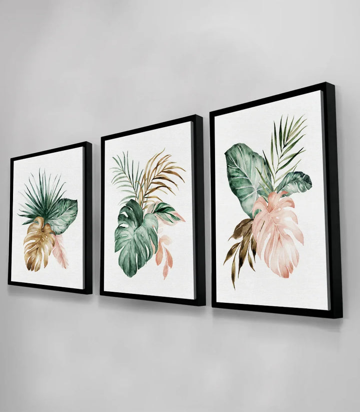 Tríptico botánico minimalista sobre pared gris clara, estilo nórdico