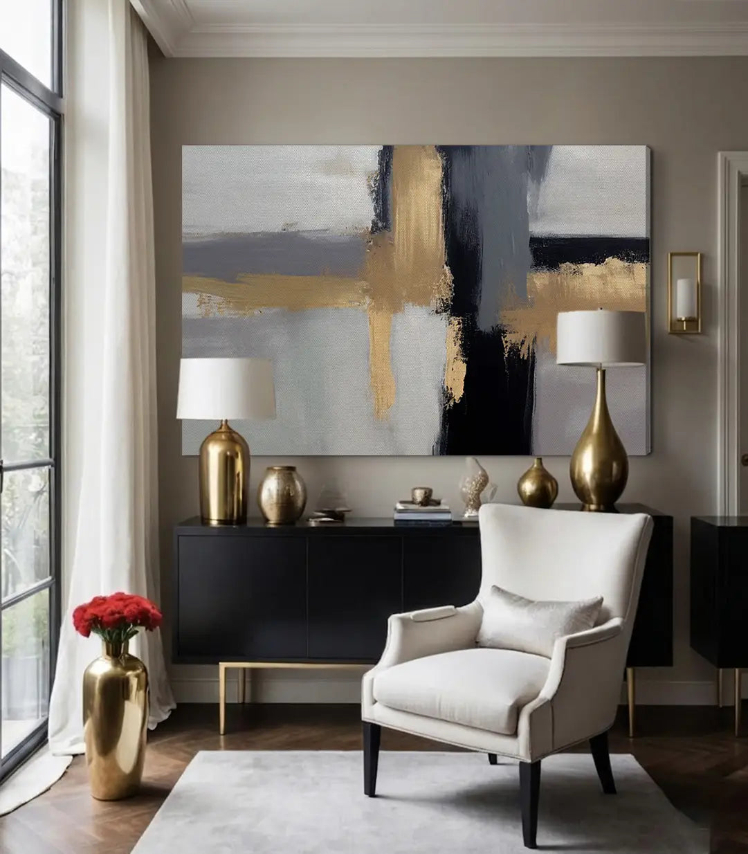 Decoración dormitorio Auric Massinart — cuadro abstracto gris y dorado sobre cama