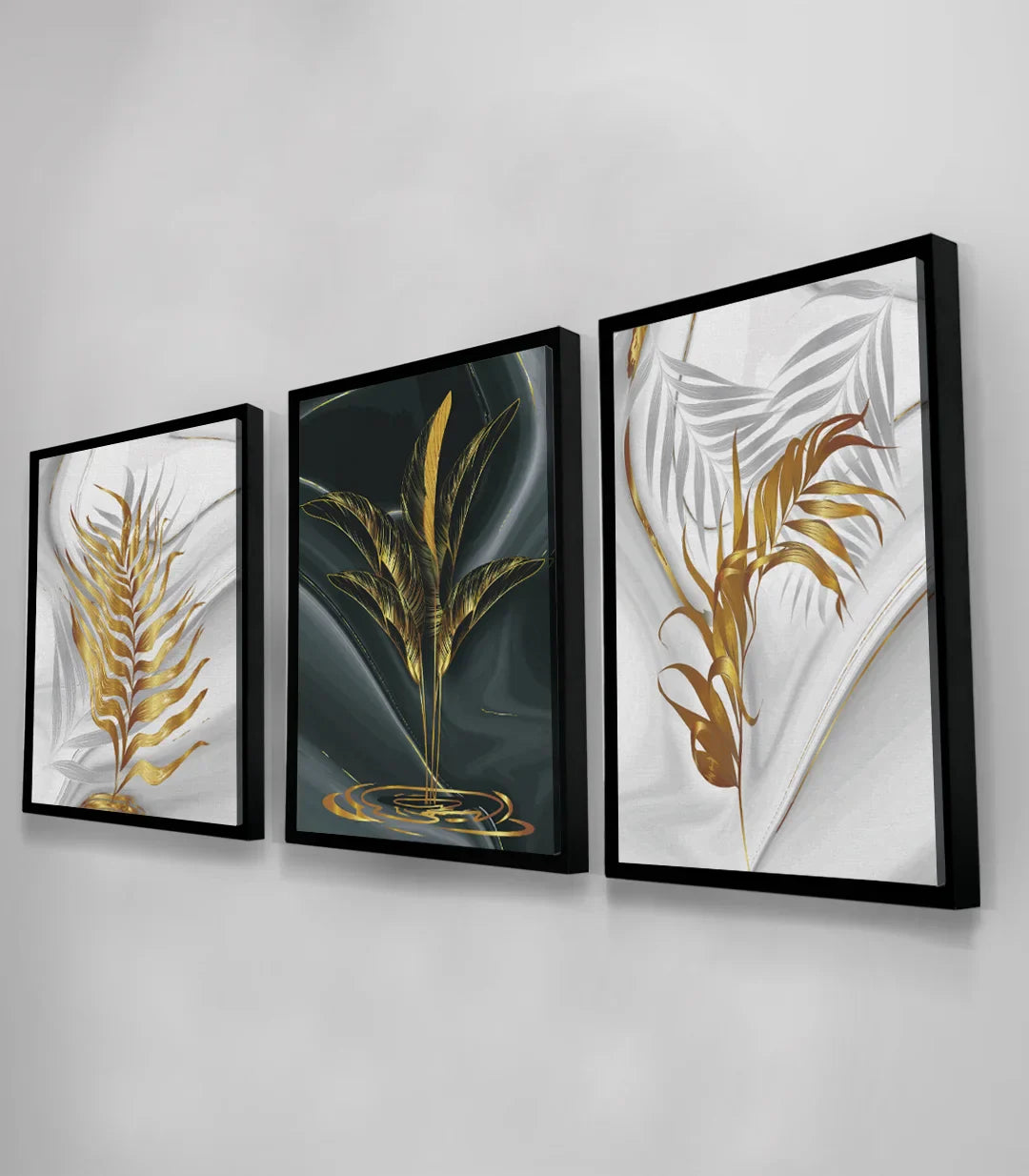 Tríptico hojas doradas sobre pared gris en salón — arte mural Massinart