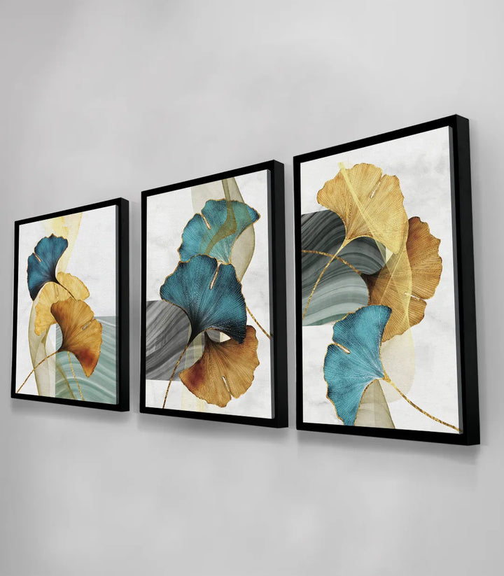 Detalle tríptico Ginkgo Leaves — hojas estilizadas en tonos cálidos y fríos, Massinart