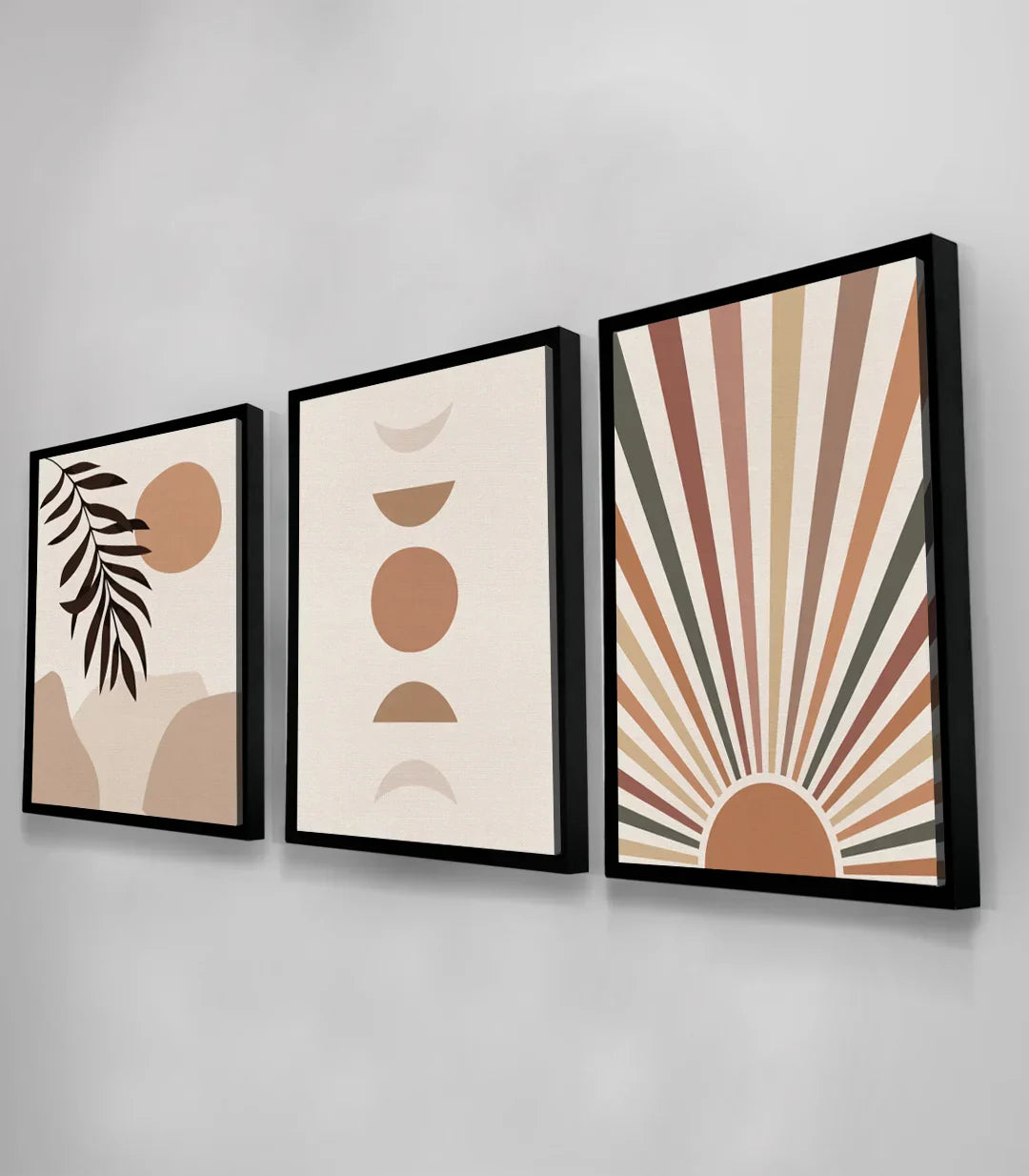 Solar Balance tríptico en dormitorio de ambiente zen con tonos beige — arte mural Massinart