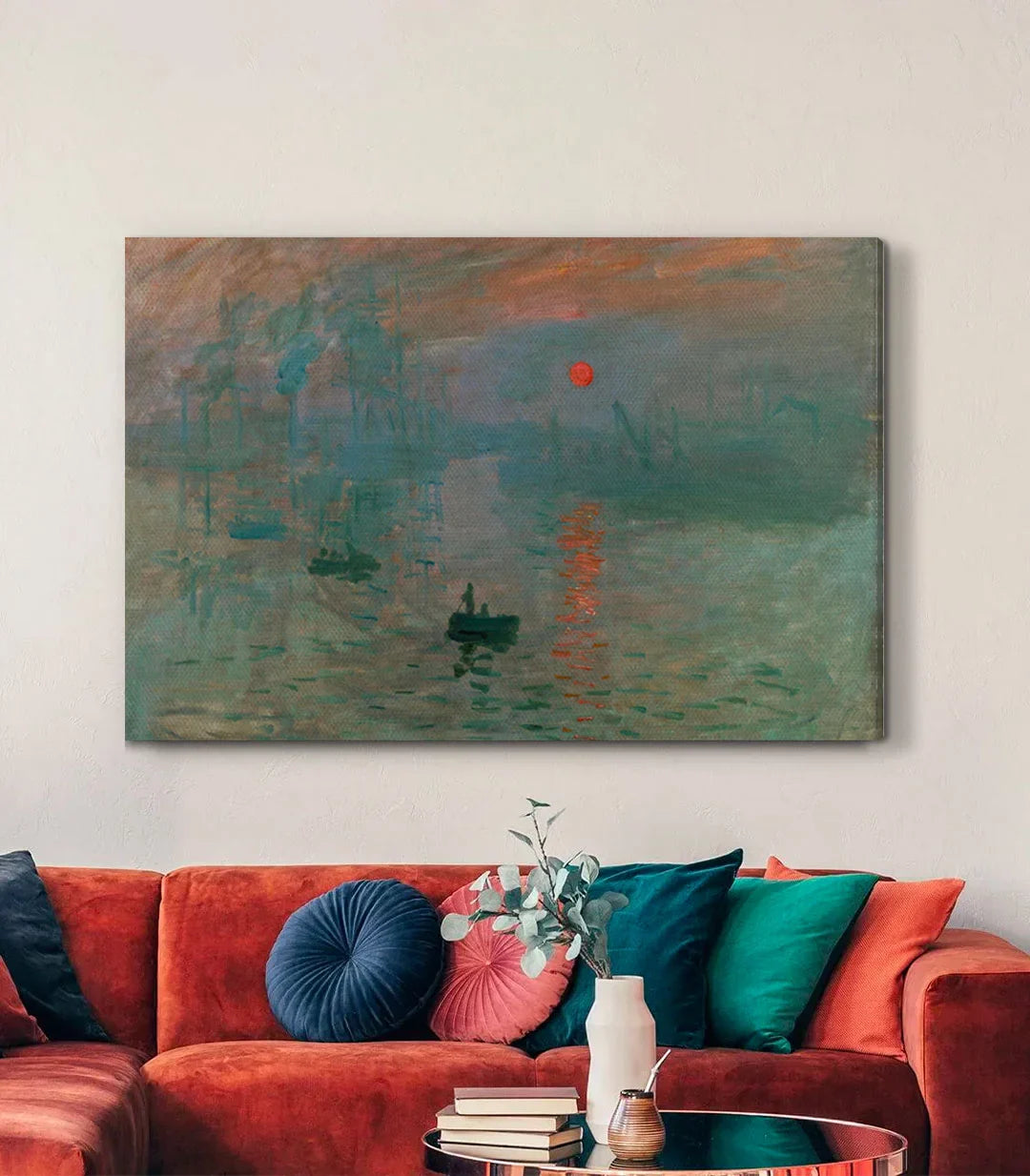 Detalle de pintura Impression Soleil Levant — retoques a mano y textura del lienzo