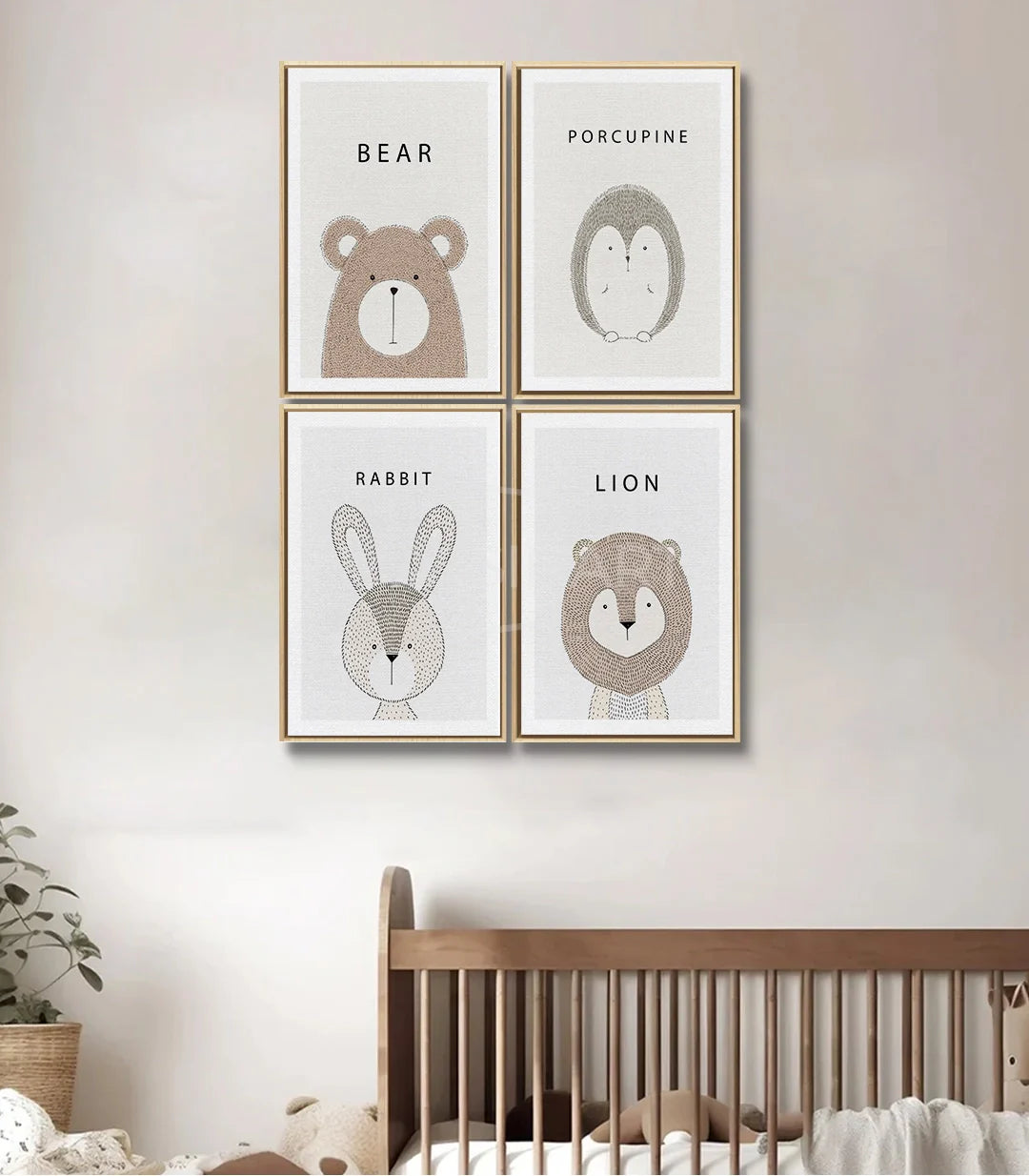 Ambientación habitación infantil – Set de 4 cuadros minimalistas de animales decoración mural