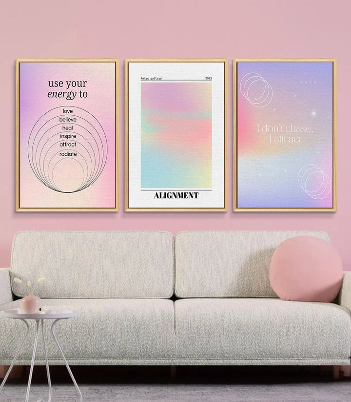 Cuadro Attract tríptico — tercer panel violeta y rosa con geometría sagrada, lienzo decorativo Massinart