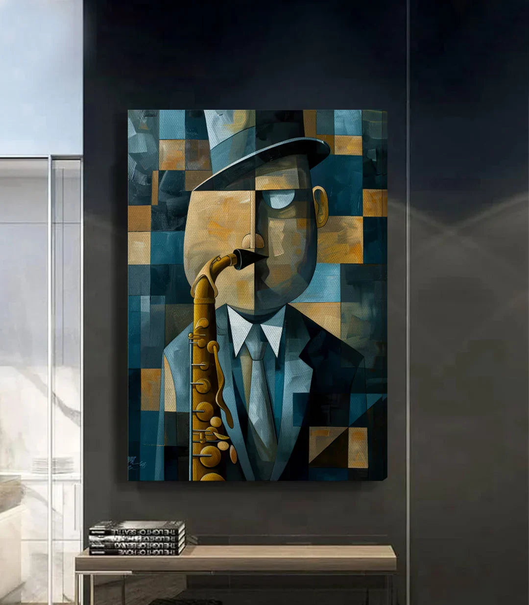 Detalle retrato cubista saxofonista — fragmentación geométrica en azul y dorado, Massinart