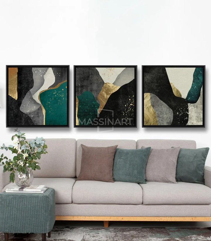 Cuadro abstracto geométrico panel izquierdo — formas negras y turquesa con detalles dorados sobre fondo gris, Massinart