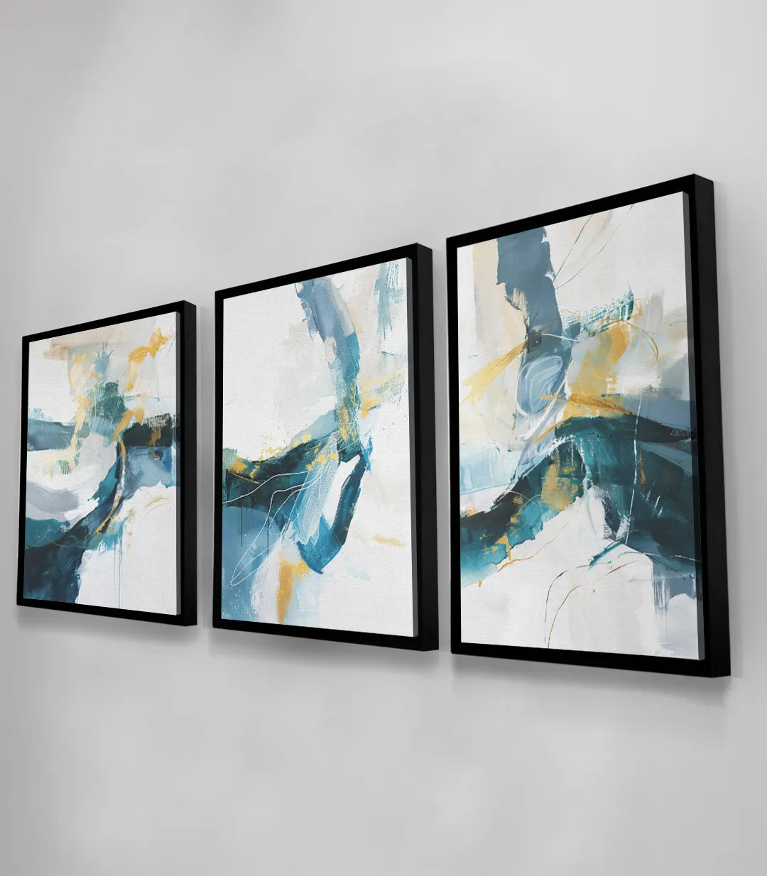 Tríptico River Flow Massinart — ambiente de salón moderno con sofá teal