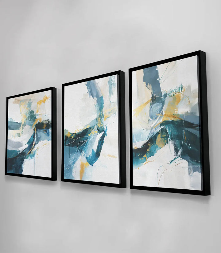 Tríptico River Flow Massinart — ambiente de salón moderno con sofá teal