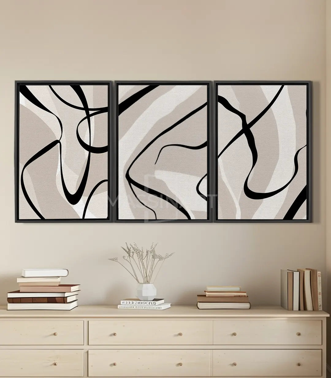 Tríptico abstracto Fluididad con líneas orgánicas en beige y negro, estilo minimalista — Massinart