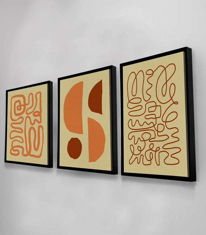 Tríptico Rustic Impressions en dormitorio — cuadro abstracto tonos neutros Massinart