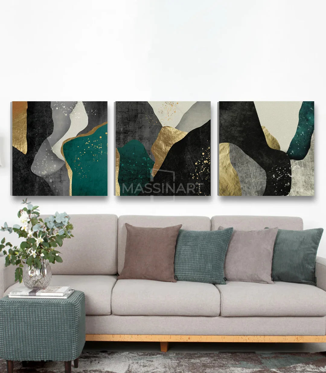 Tríptico abstracto Luxury Abstract en salón moderno beige, Massinart