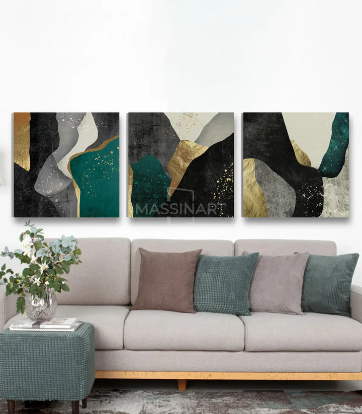 Tríptico abstracto Luxury Abstract en salón moderno beige, Massinart