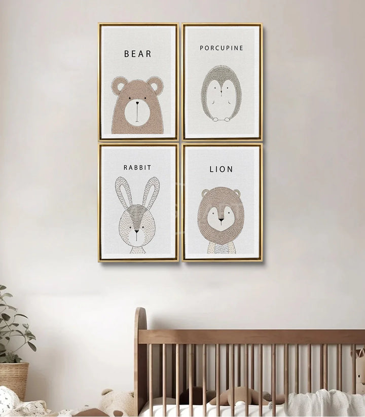Ambientación salón – Set de 4 cuadros de animales tiernos decoración interior estilo nórdico