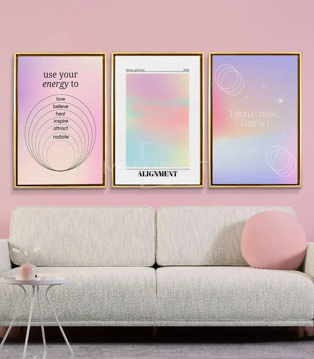 Cuadro Attract tríptico — segundo panel con degradado multicolor y motivo Alignment, decoración pared moderna Massinart