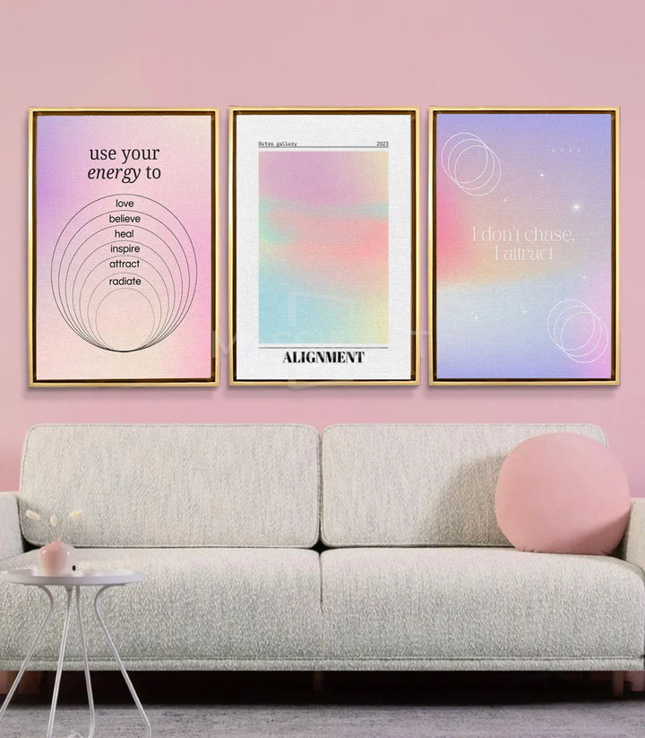 Cuadro Attract tríptico — segundo panel con degradado multicolor y motivo Alignment, decoración pared moderna Massinart