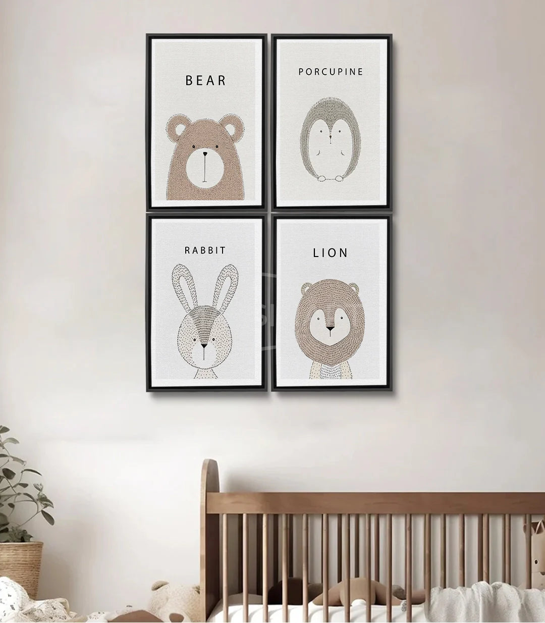 Cuadro Wild Cuteness – Set de 4 láminas minimalistas de animales (oso, erizo, conejo, león) para decoración infantil