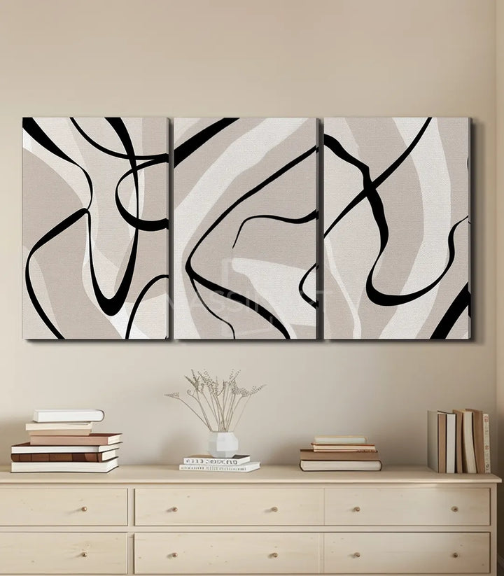 Vista frontal del cuadro tríptico Fluididad, lienzo canvas impreso en alta resolución — Massinart