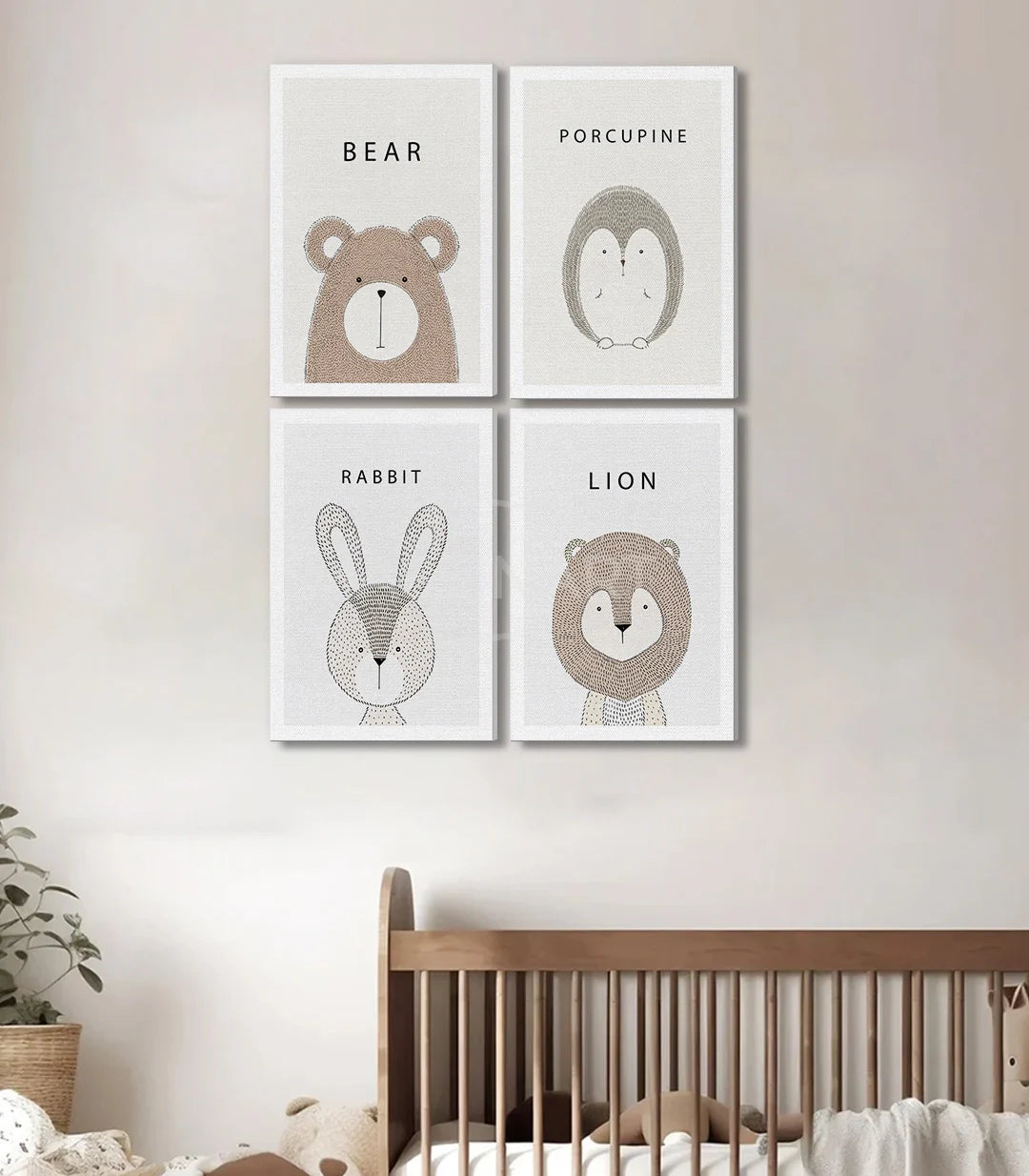 Decoración mural habitación – Set de 4 cuadros Wild Cuteness animales tiernos beige y blanco