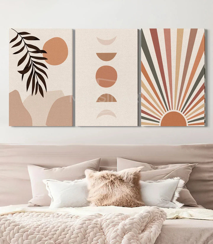 Solar Balance tríptico sobre el cabecero de cama en dormitorio moderno — decoración mural contemporánea Massinart